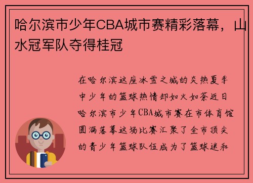 哈尔滨市少年CBA城市赛精彩落幕，山水冠军队夺得桂冠